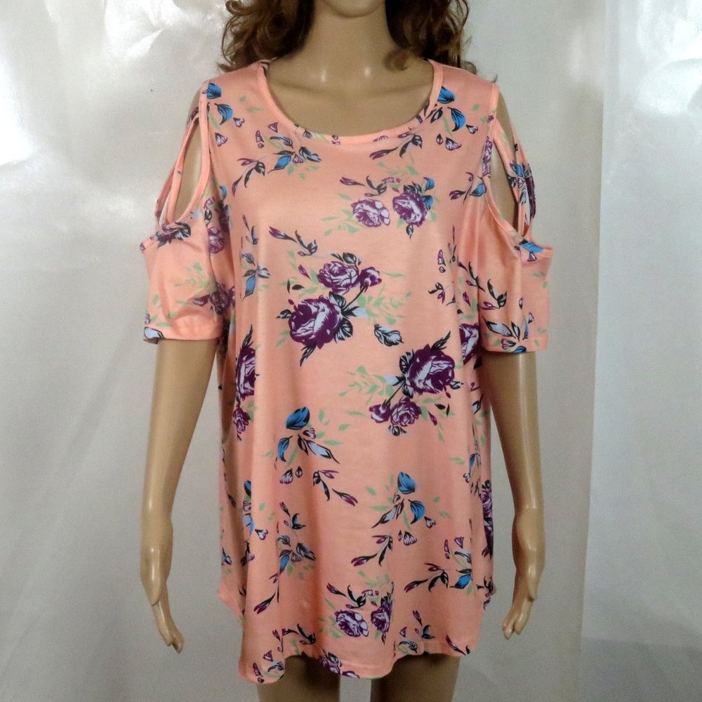 Ceaskery Womens Pink Tunic Shirt XXL Floral Tropical Cold Shoulder Half Sleeves